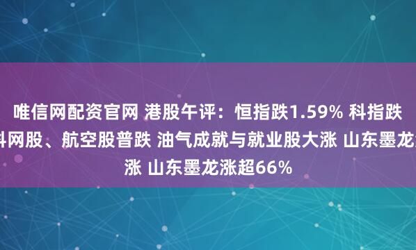 唯信网配资官网 港股午评：恒指跌1.59% 科指跌2.12% 科网股、航空股普跌 油气成就与就业股大涨 山东墨龙涨超66%